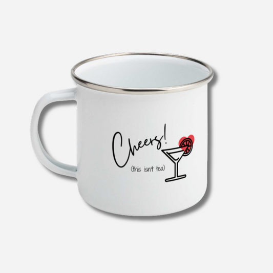 White mug with 'Cheers! This isn't tea' text and a cocktail graphic on a white background