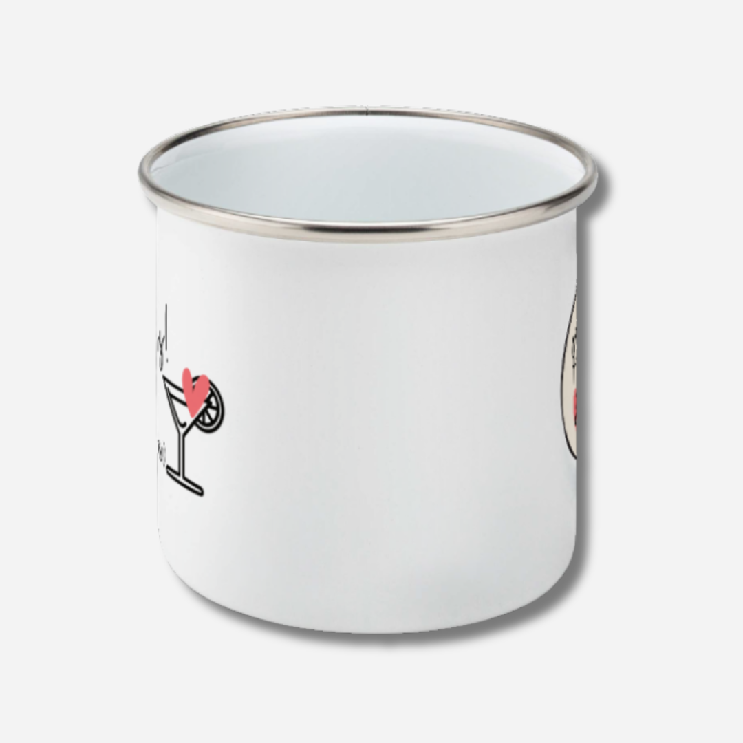 Side view of white enamel mug with cocktail illustrations on a white background