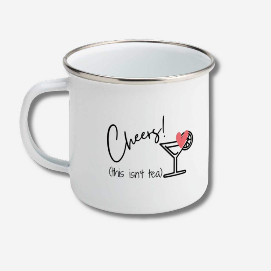 White mug with 'Cheers! (this isn't tea)' text and a martini glass graphic on a white background