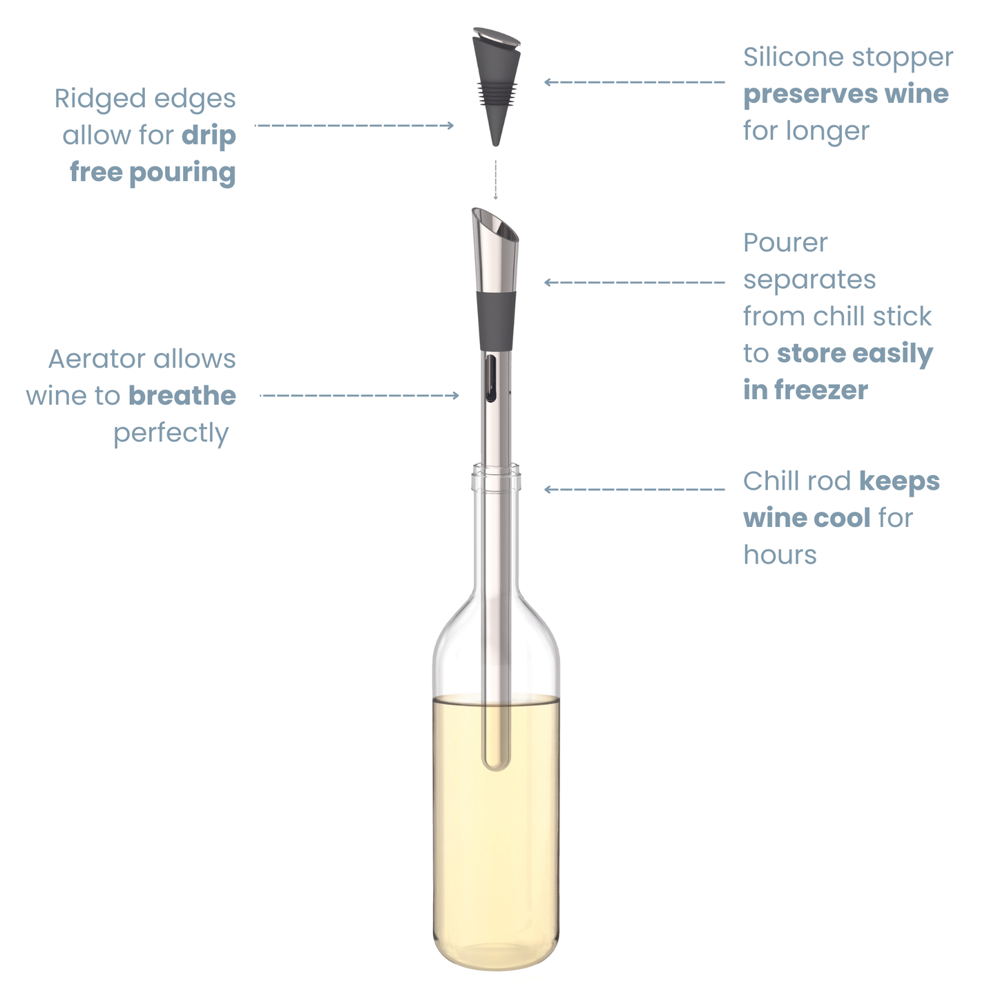 clear wine bottle half filled with white wine and stainless steel chill stick