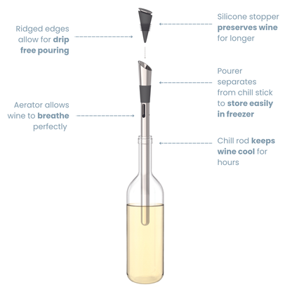 clear wine bottle half filled with white wine and stainless steel chill stick