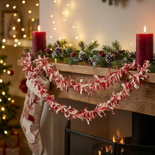 Red and white tinsel garland on a white background