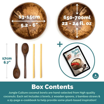 Coconut bowls with measurements, wooden spoons, bamboo straws, and a recipe book on a white background.