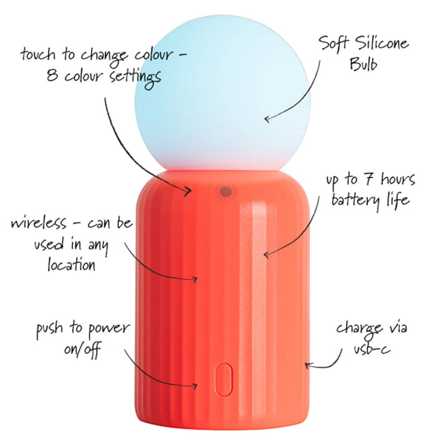 Red lamp with soft silicone bulb and features labeled on a white background