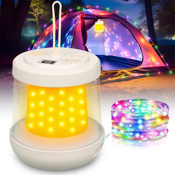 White camping lantern with yellow light and colorful LED string lights in front of a tent.