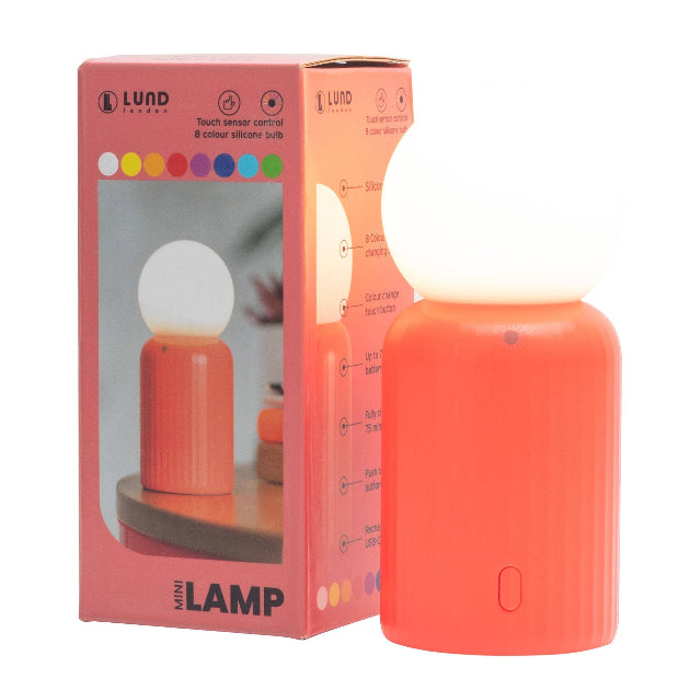 Coral mini lamp with packaging displaying the Lund brand.
