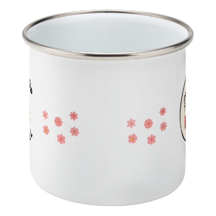 white enamel camping mug with pink flowers side view
