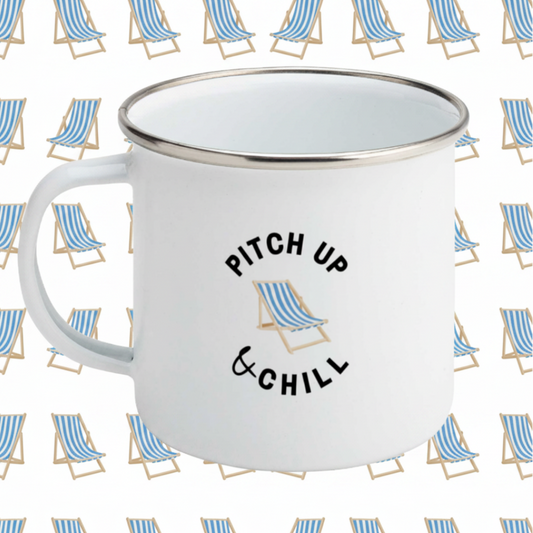 white enamel camping mug with blue deckchair image and text Pitch Up and Chill against a blue stripe deckchair background.