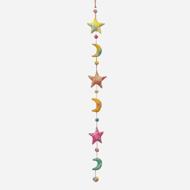 Decorative string with colorful stars and moons on a white background