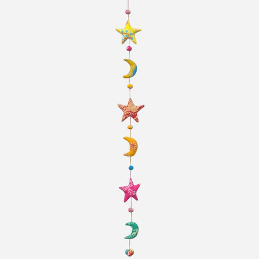 Decorative string with colorful stars and moons on a white background
