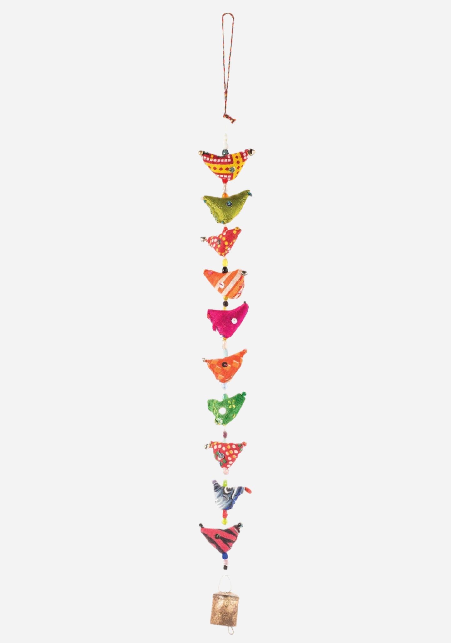 decorative string of 10 Indian birds made from recycled sari with a small brass bell weight.