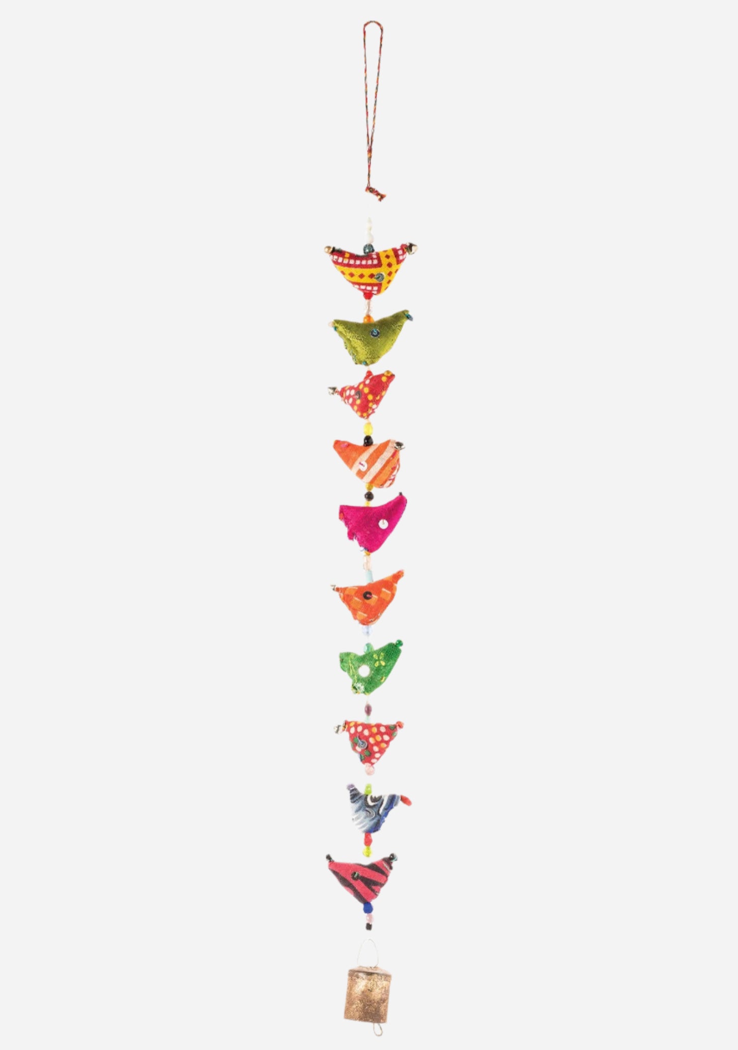 decorative string of 10 Indian birds made from recycled sari with a small brass bell weight.