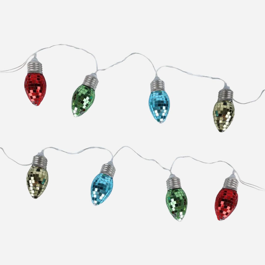 String of colorful disco light bulbs on a white background