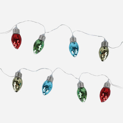 String of colorful disco light bulbs on a white background