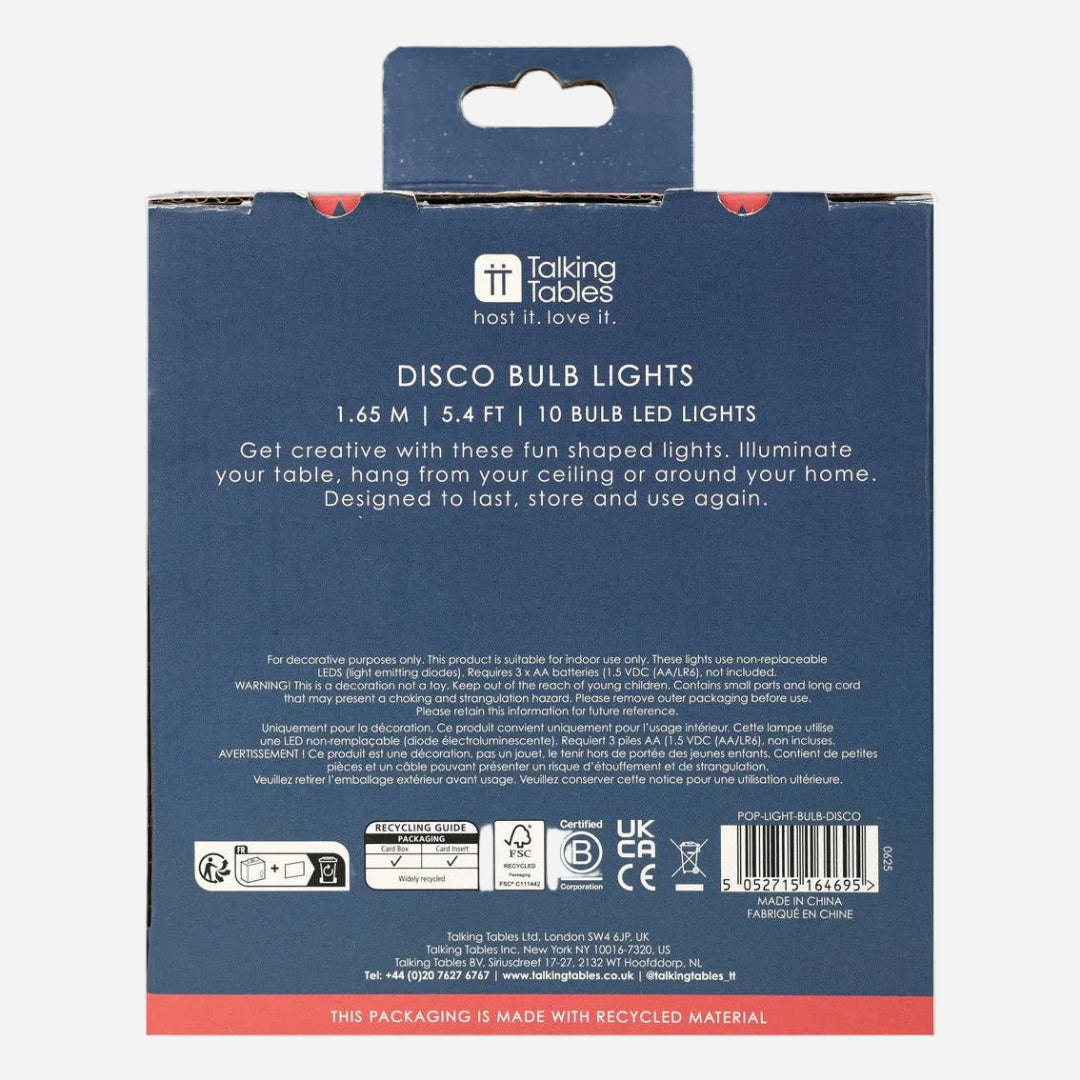 Back of a product packaging for disco bulb lights with branding and product details.