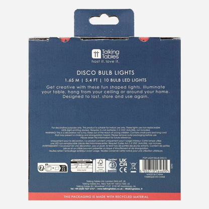 Back of a product packaging for disco bulb lights with branding and product details.