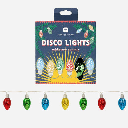 Packaging of disco lights with colourful bulbs on a white background