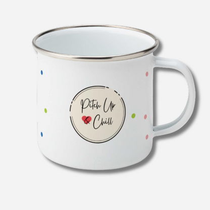 white camping mug  with pitch up and chill logo and  polka dots