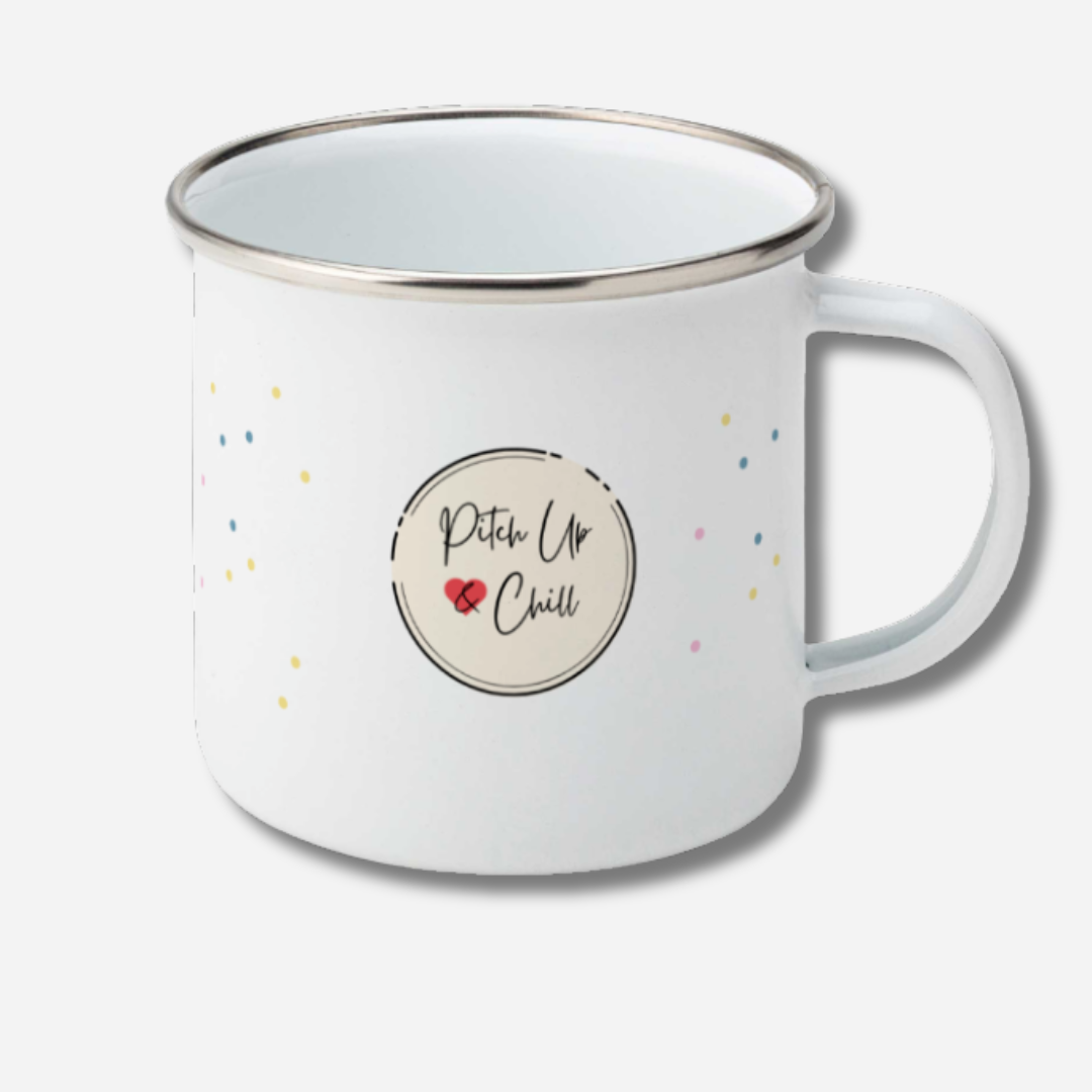 White camping mug with 'Pitch Up Chill' design on a light gray background