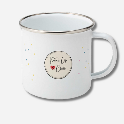 White camping mug with 'Pitch Up Chill' design on a light gray background
