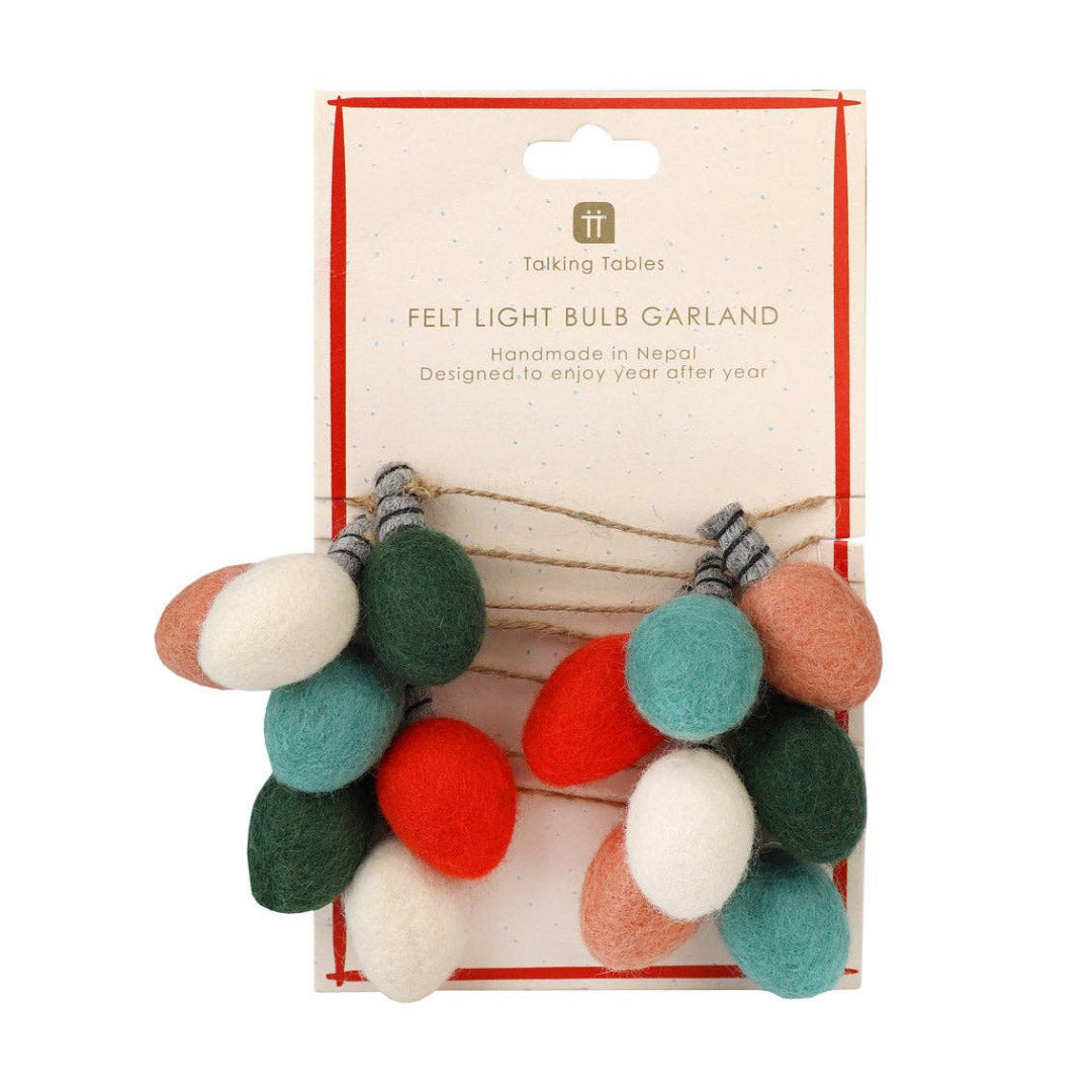 Felt light bulb garland with colorful bulbs on a white background