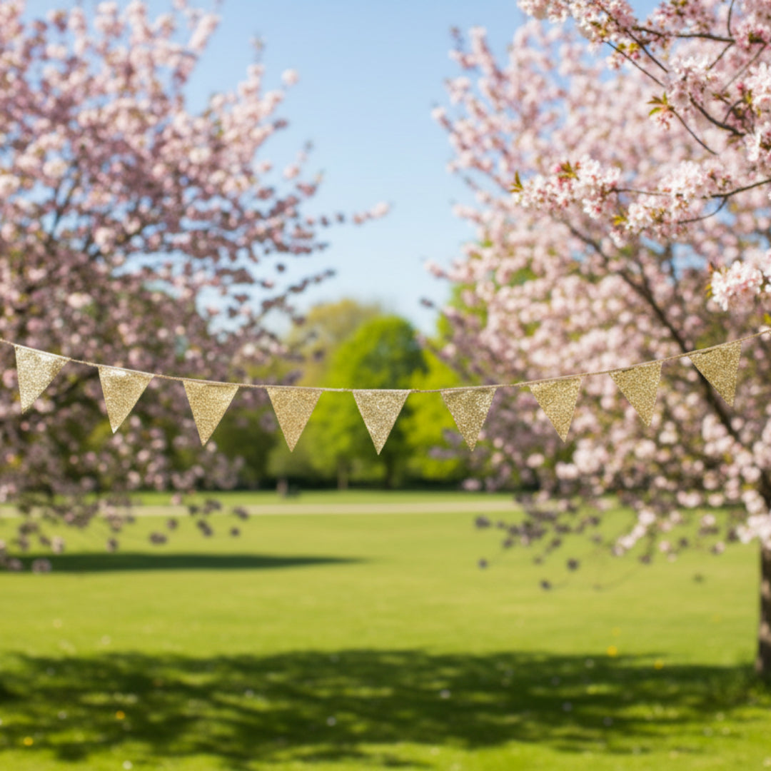gold glitter bunting on a spring green background