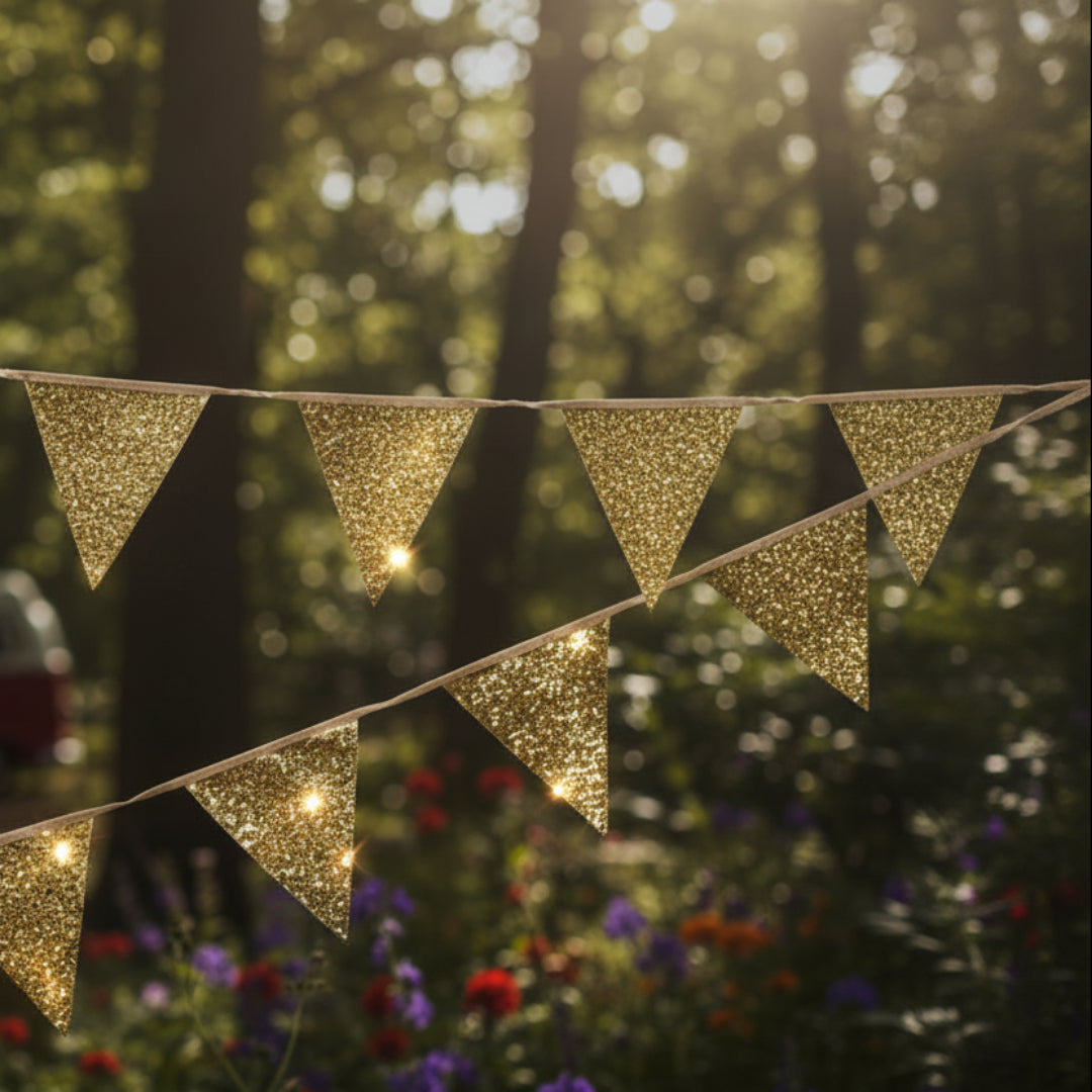 Gold glitter bunting in a woodland setting