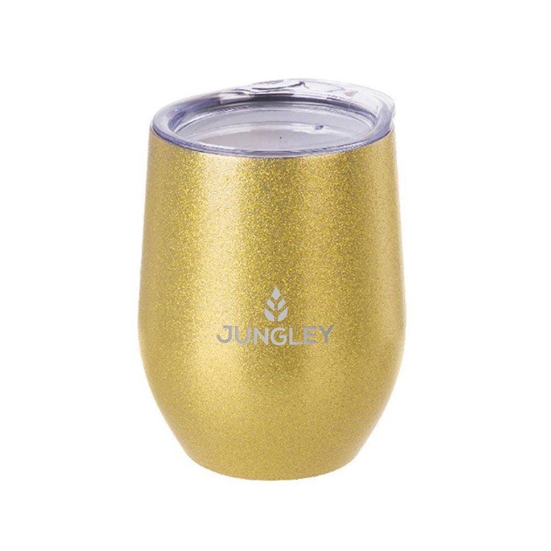 Gold glitter tumbler with clear lid on a white background, featuring the Jungley brand logo.