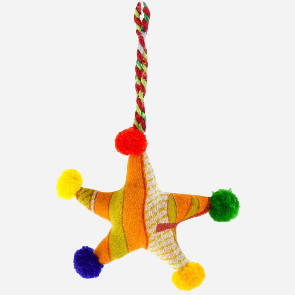 Colorful star-shaped hanging decoration with pom-poms and a colourful string