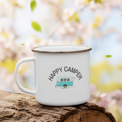 white enamel camping mug with blue/white caravan and text 'happy camper'