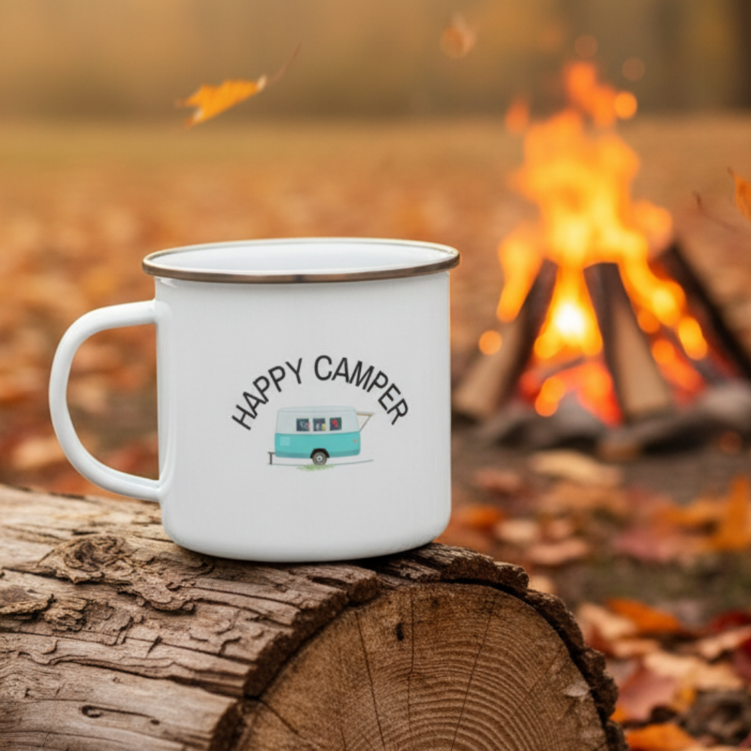 White mug with 'Happy Camper' text and camper illustration in an outdoor autumnal setting with a campfire in the background.