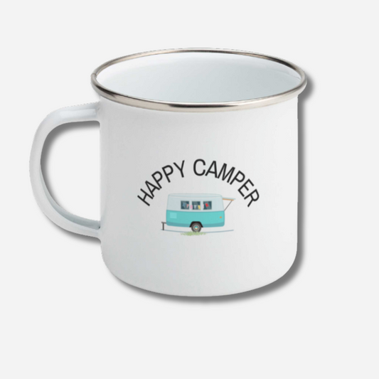 White mug with 'Happy Camper' text and camper illustration on a white background