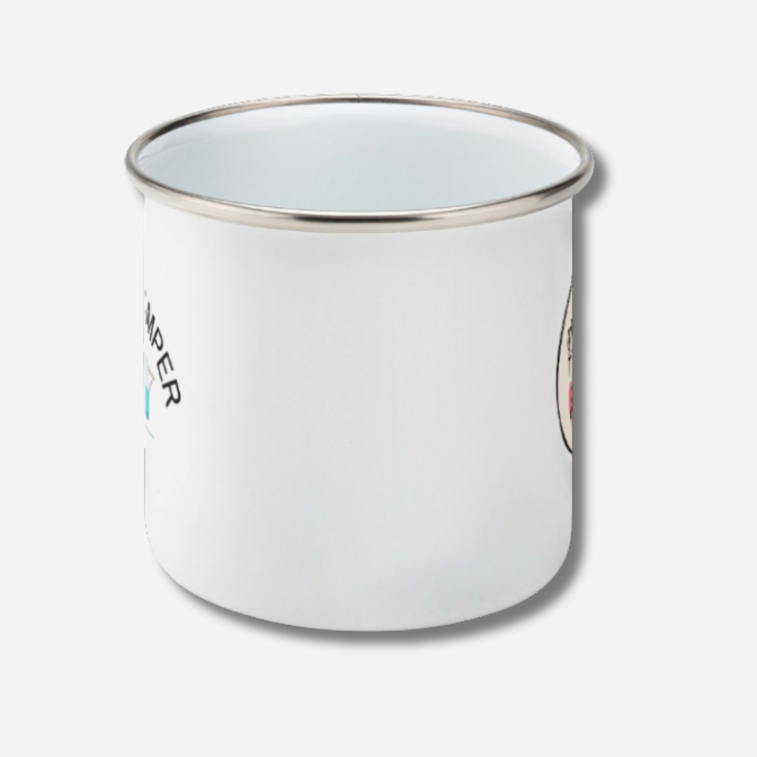 White enamel mug with silver rim on a white background