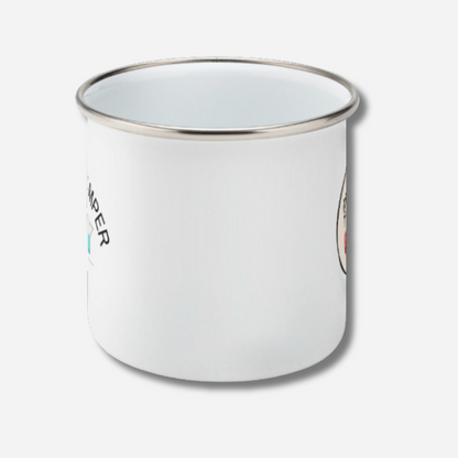 White enamel mug with silver rim on a white background