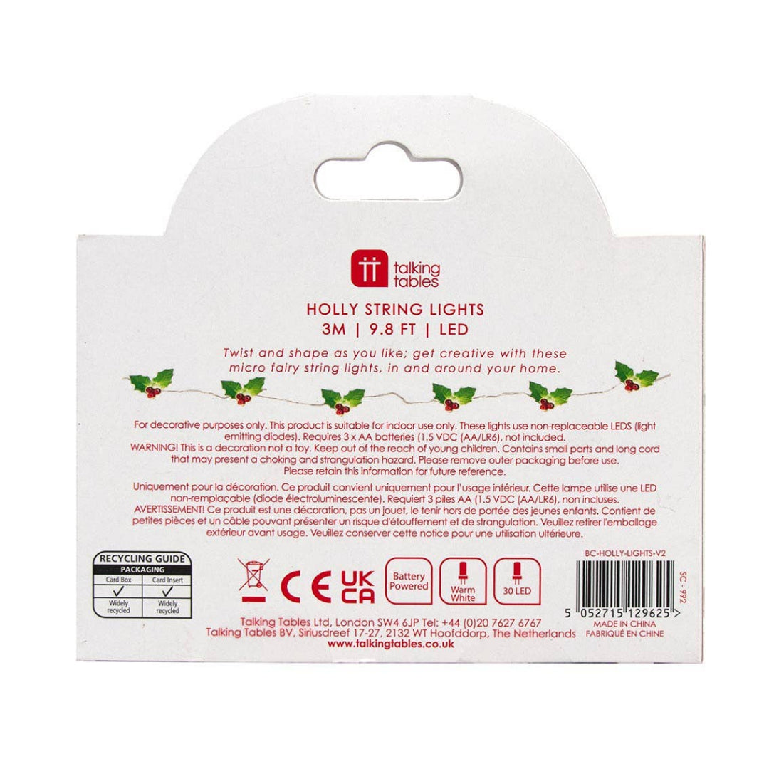 Back of a packaging for holly string lights with text and branding.
