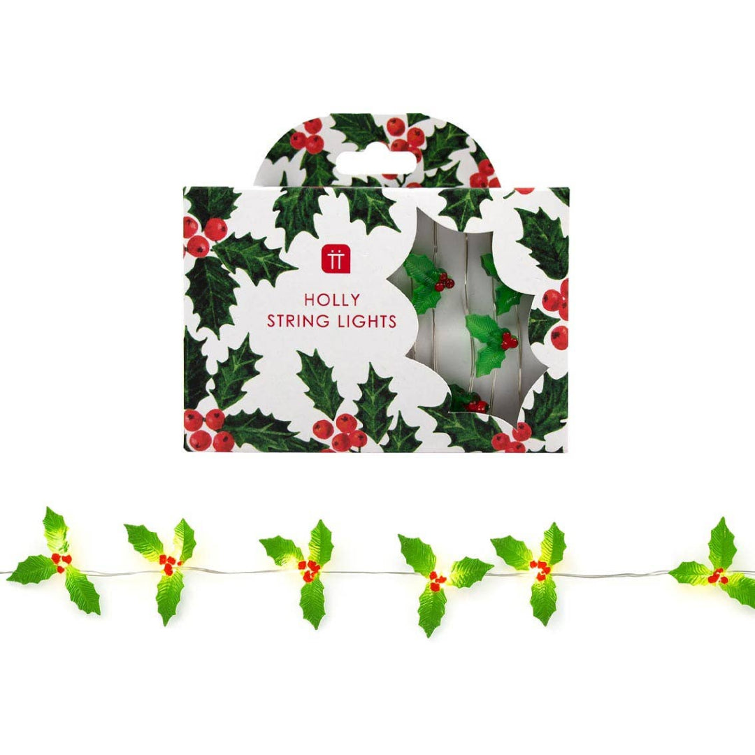 Holly string lights with packaging featuring holly leaves and berries on a white background