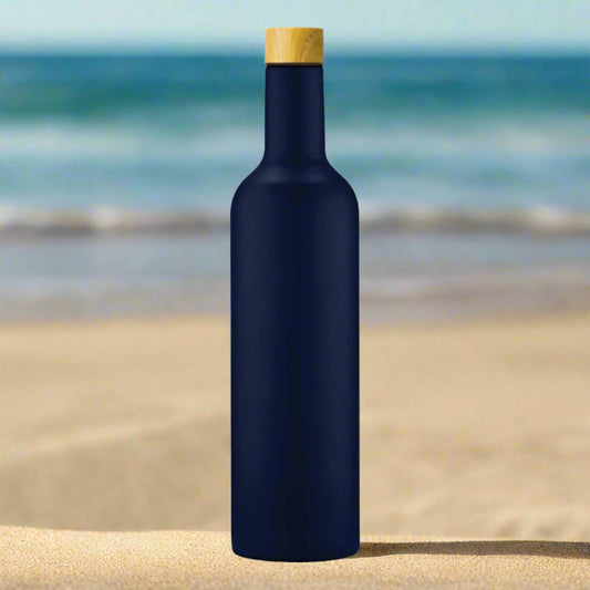 double walled insulated travel wine bottle in navy