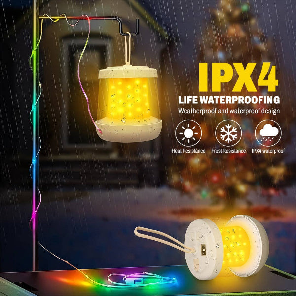 LED lantern with IPX4 waterproofing featured in a rainy outdoor setting