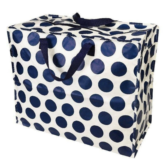 Large storage bag with blue polka dots on a white background