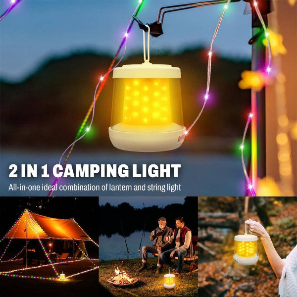 2-in-1 camping light with lantern and string light features, used in outdoor settings.