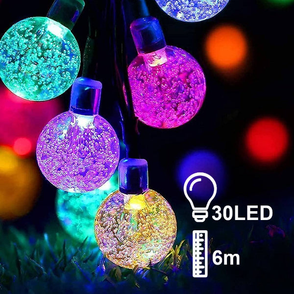 close up of coloured string lights with text "30 LED 6m"