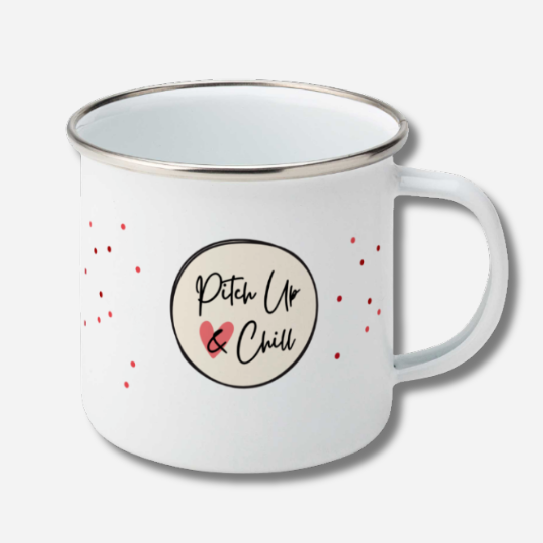 White camping mug with 'Pitch Up & Chill' text and red polka dots on a white background