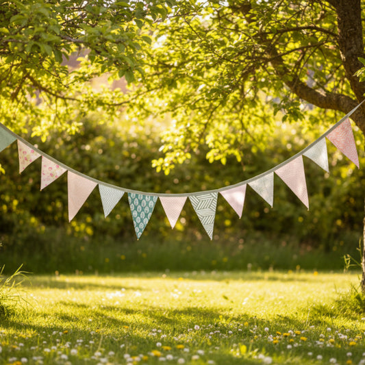 Fabric bunting with green, pink, and white flags on a green grass background