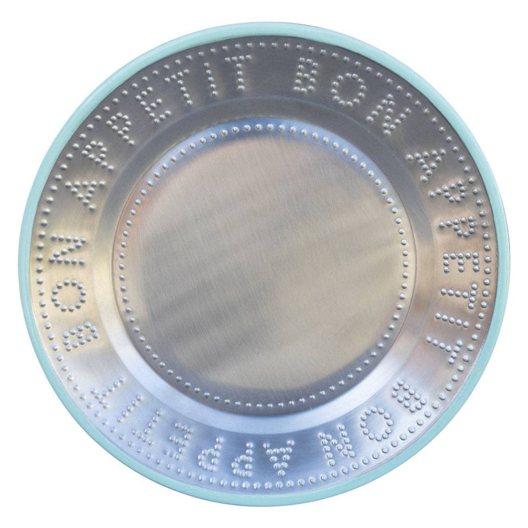 Metallic plate with mint green trim and engraved text "Bon Appetit" on a white background