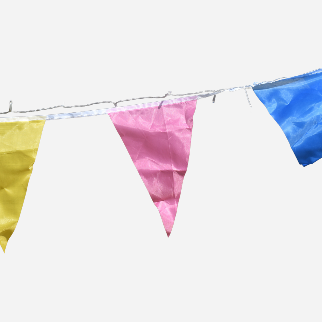 yellow, pink and blue triangular flags on a string with warm white string LED lights.