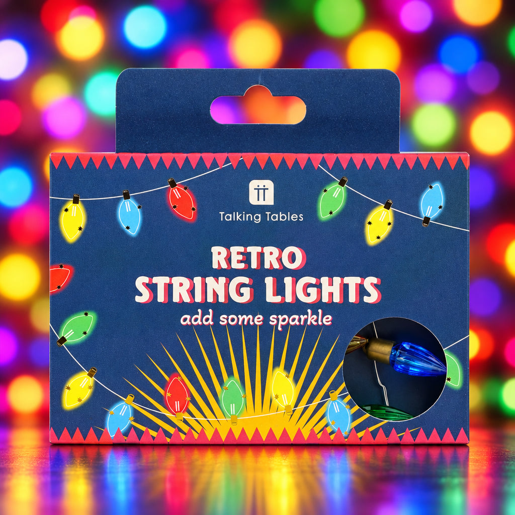 Packaging of retro string lights with colorful bulbs on a blue background