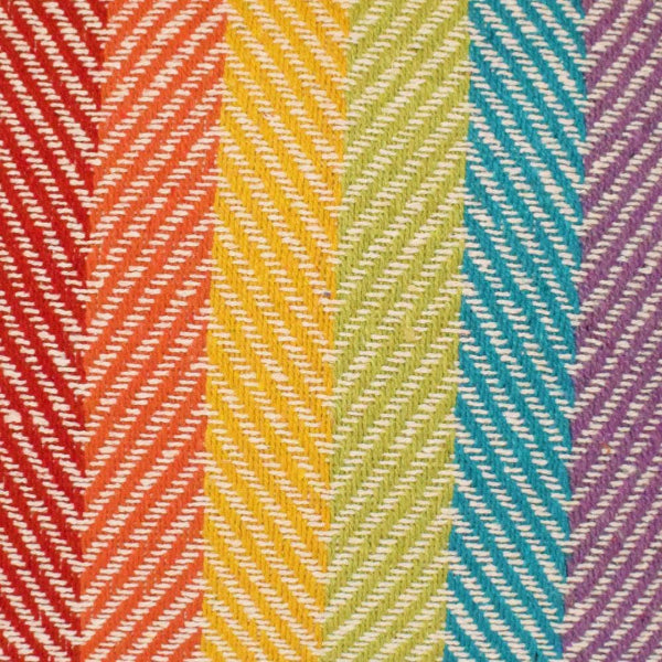Colorful chevron pattern fabric swatch in red, yellow, green, blue, and purple.