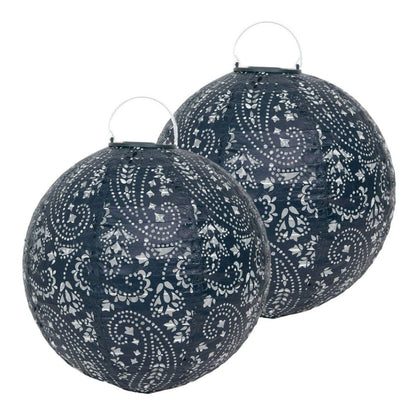 Two dark blue spherical lanterns on a white background