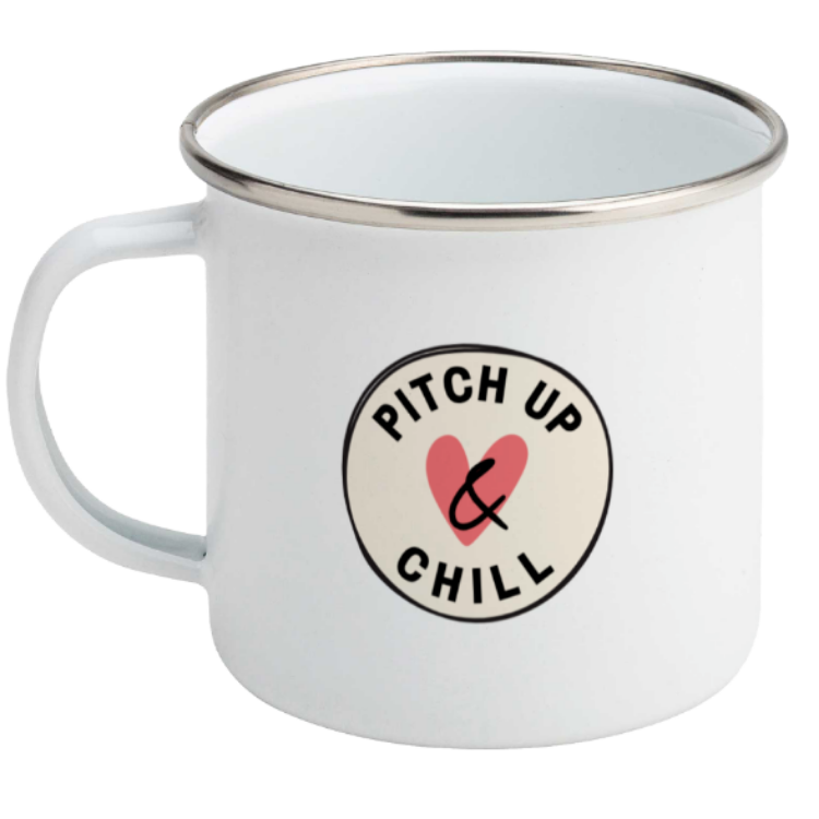 white enamel camping mug with the handle to the left and Pitch Up abd Chill logo in the centre.