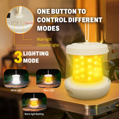 Lighting device with three lighting modes on a wooden surface, featuring text about control options.